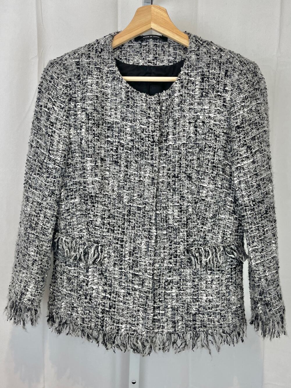 TAGLIATORE 0205 Italy Milly Fring Shimmer Tweed Blazer Jacket Gray Black White M
